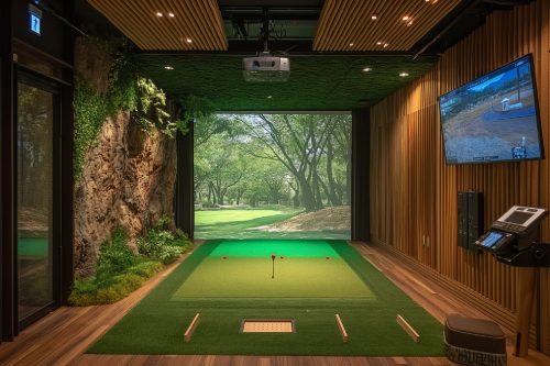 Interior of a golf club with green grass and trees in the background, golf similator